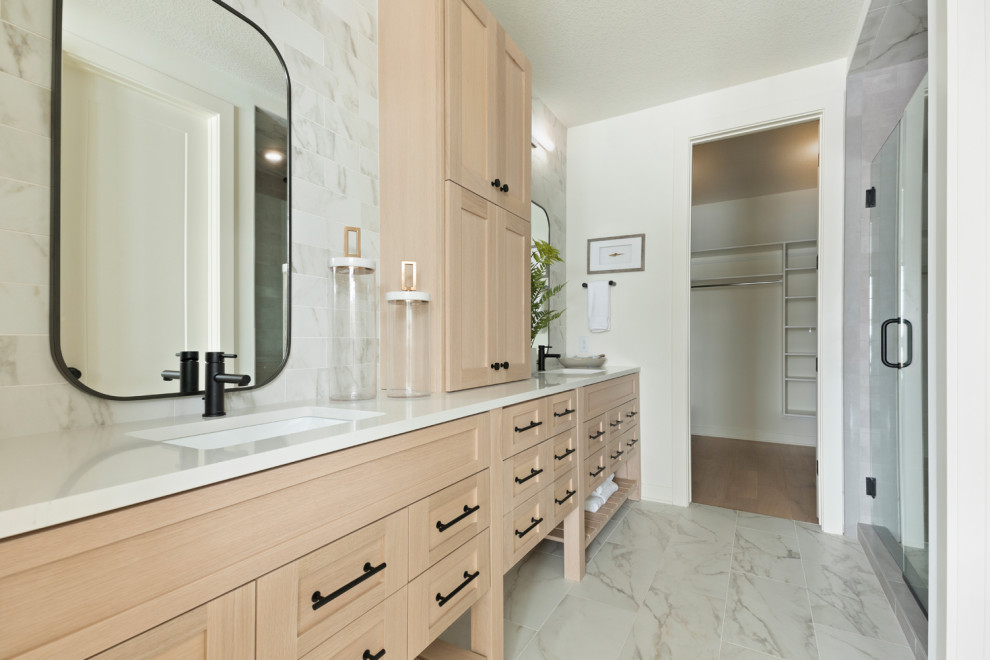 Design ideas for a large scandinavian master bathroom in Minneapolis with shaker cabinets, light wood cabinets, an alcove shower, white tile, subway tile, white walls, ceramic floors, an undermount sink, quartzite benchtops, grey floor, a hinged shower door, white benchtops, an enclosed toilet, a double vanity and a built-in vanity.