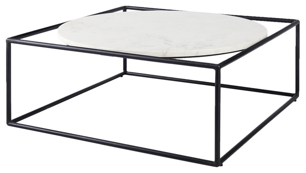 Austen 36Lx36Wx14H Round White Marble Top, Black Metal Frame Coffee