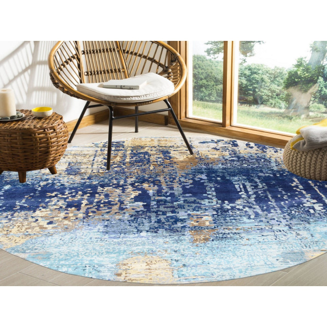Round Handknotted Blue With A Mix Of Gold Mosaic Design WoolSilk Rug