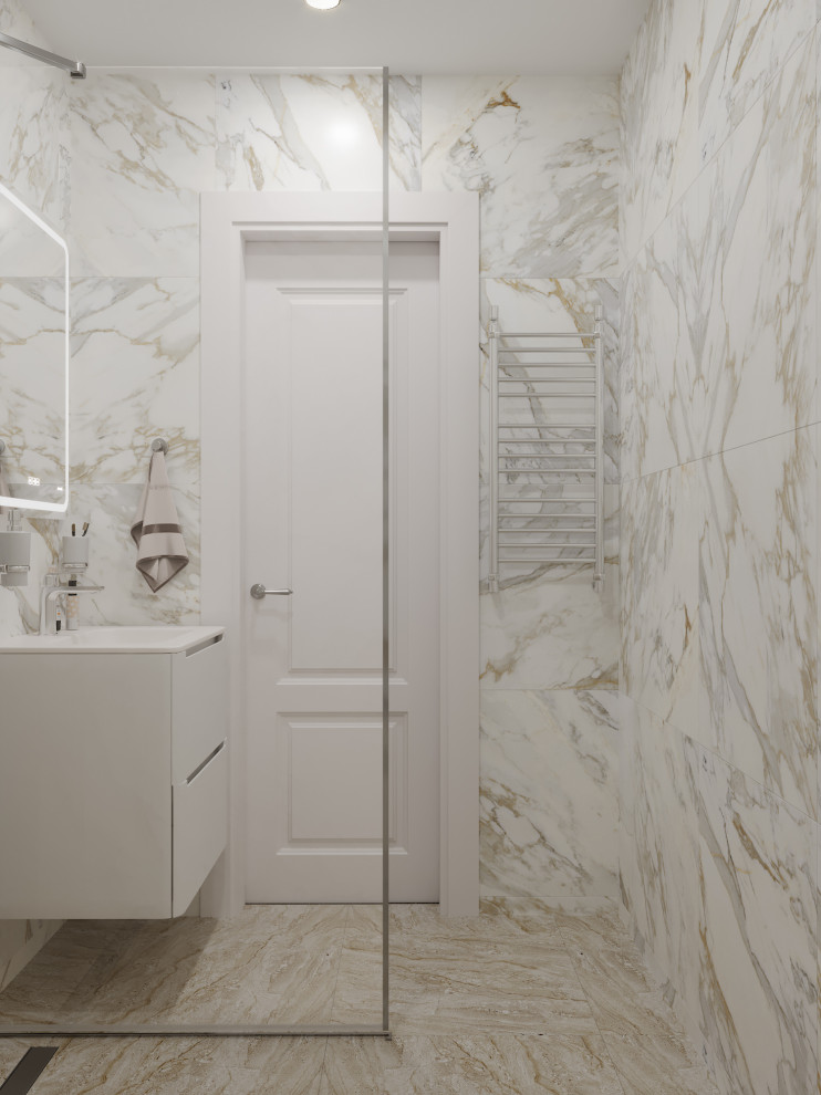 Санузел и ванна из керамогранита и оникса