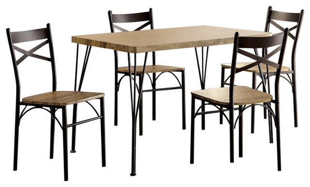Industrial Style 5-Piece Dining Table Set, Brown and Black