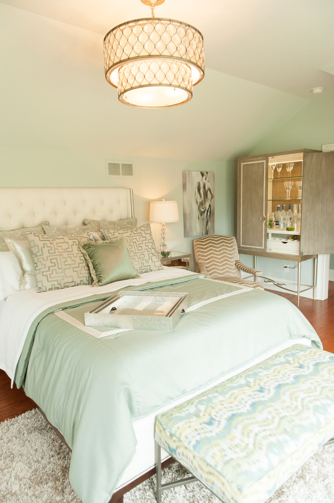 Bedroom - mid-sized contemporary guest medium tone wood floor bedroom idea in Philadelphia with green walls and no fireplace