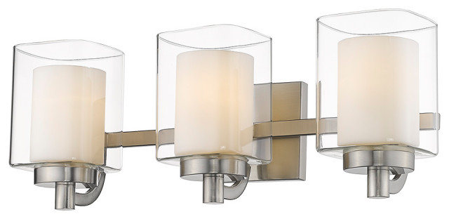 3 Light Modern Double Glass Vanity Light in Satin Nickel - Transitional ...