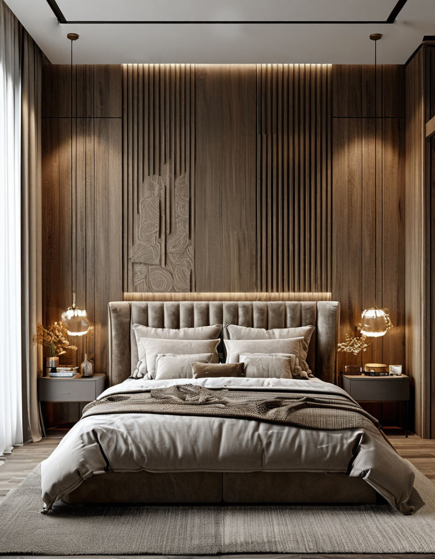 Современные спальни с различным декором и панелями