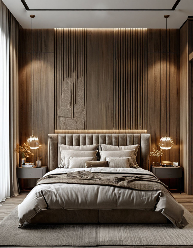 Современные спальни с различным декором и панелями