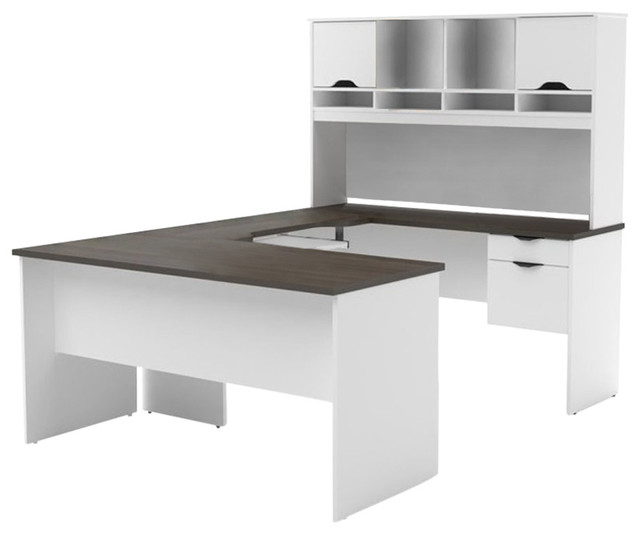 Pemberly Row U Shaped Computer Desk With Hutch White And Antigua