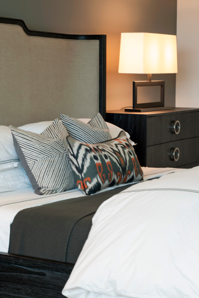 Large transitional carpeted bedroom photo in Boise with gray walls