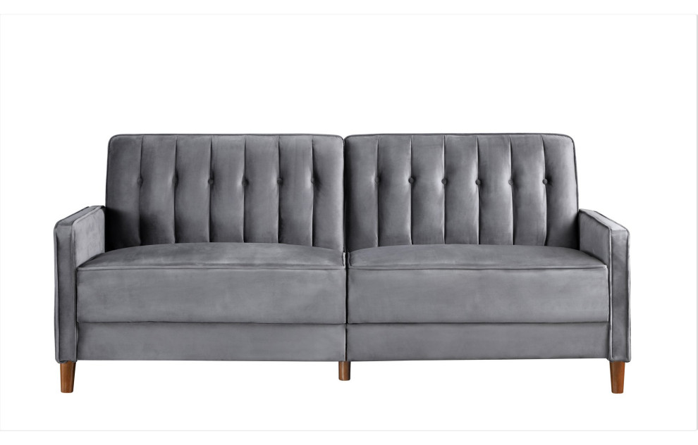 Mid Century Futon, Velvet Seat With Channeled Button Tufted Backrest