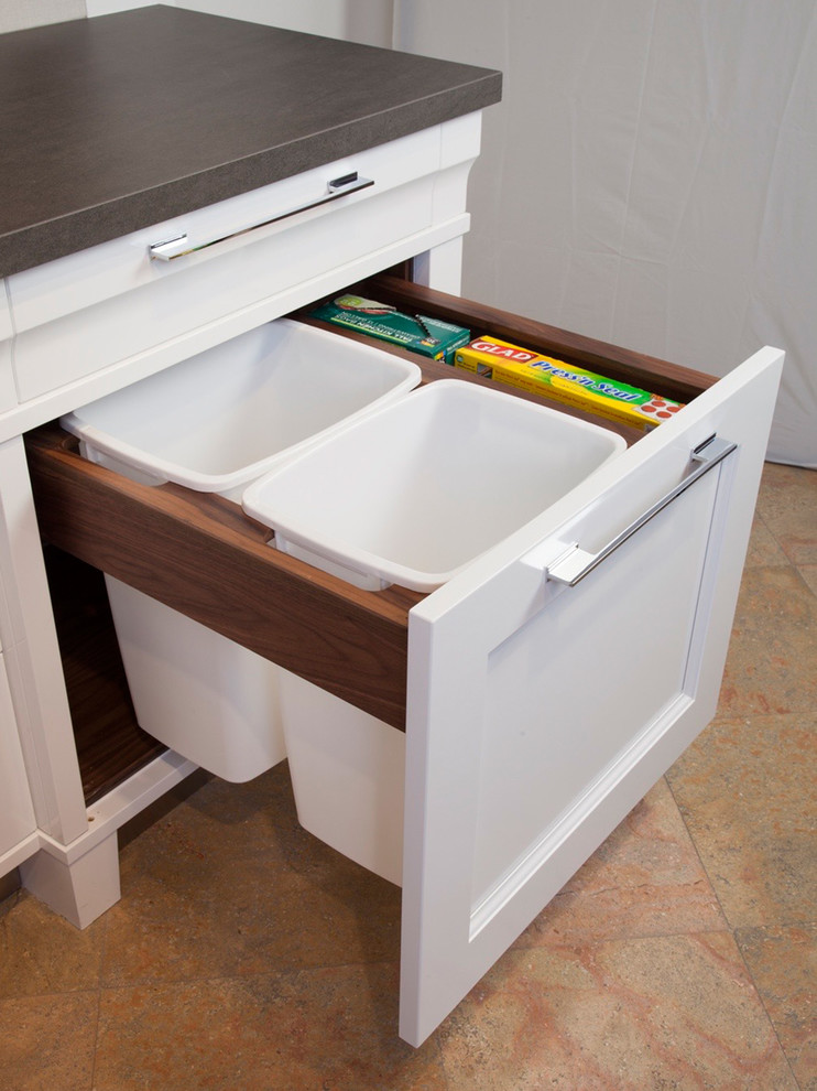 Example of a transitional kitchen design in Denver with recessed-panel cabinets and white cabinets