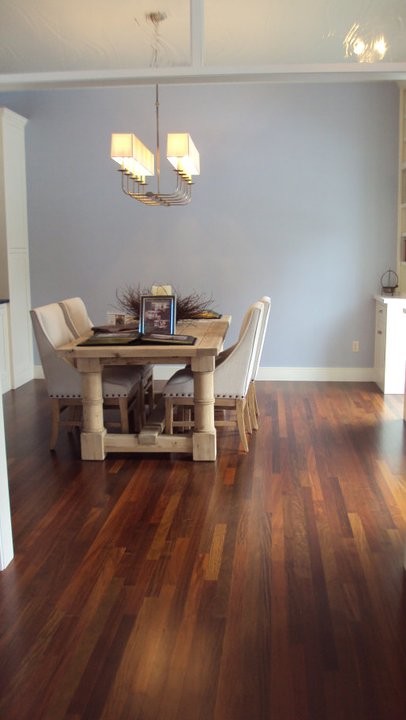 Mid-sized transitional dining room in Other with blue walls, dark hardwood floors and no fireplace.