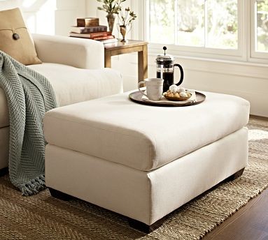 Hampton Upholstered Ottoman, Polyester Wrap Cushions, Washed Linen-Cotton Silver