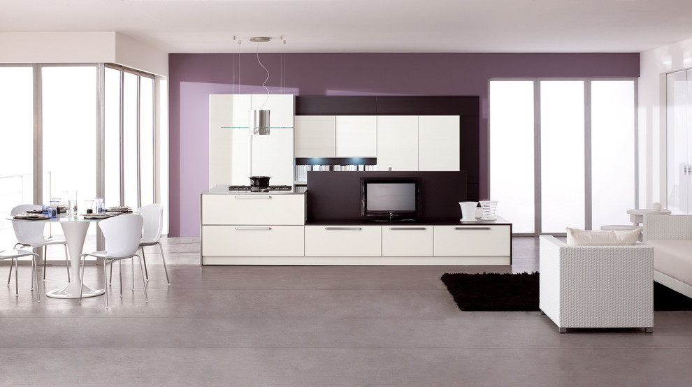 Inspiration for a modern single-wall open concept kitchen remodel in Miami with shaker cabinets, white cabinets and no island