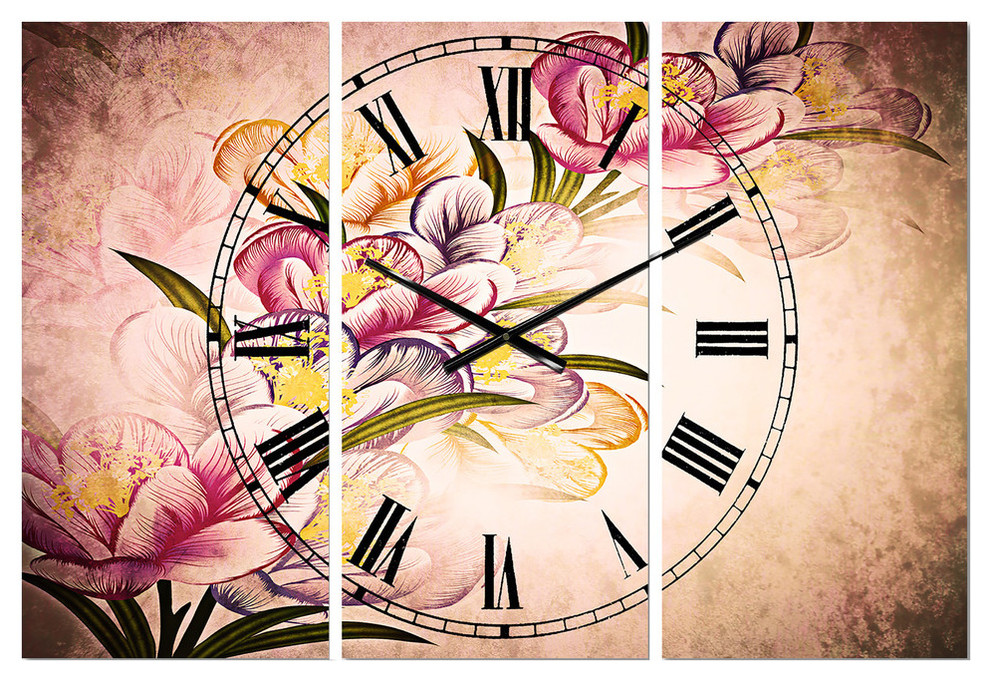 Vector Purple Flowers Traditional 3 Panels Metal Clock