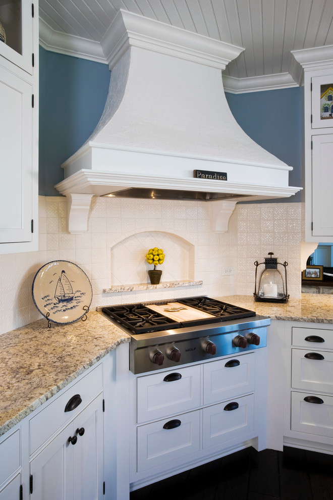 White Cabinet Kitchen with White Stucco Hood and 4"x4 ...