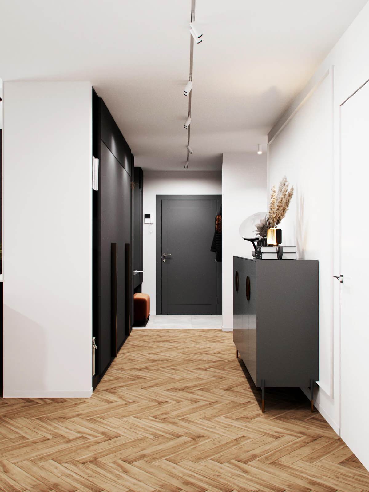 Cовременная квартира, дизайн интерьера в светло-темных тонах в ЖК "Георг Ландрин