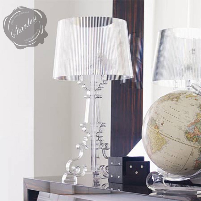 Bedroom Dresser Design Idea With Transparent Kartell Bourgie Lamp