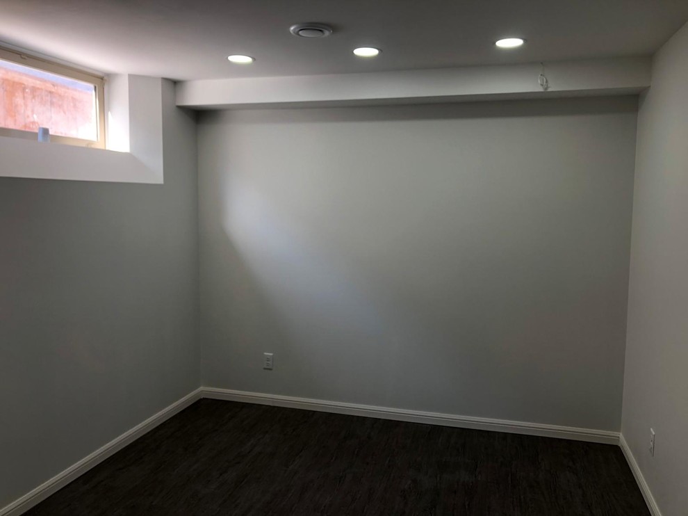 Mid-sized minimalist underground vinyl floor and gray floor basement photo with beige walls