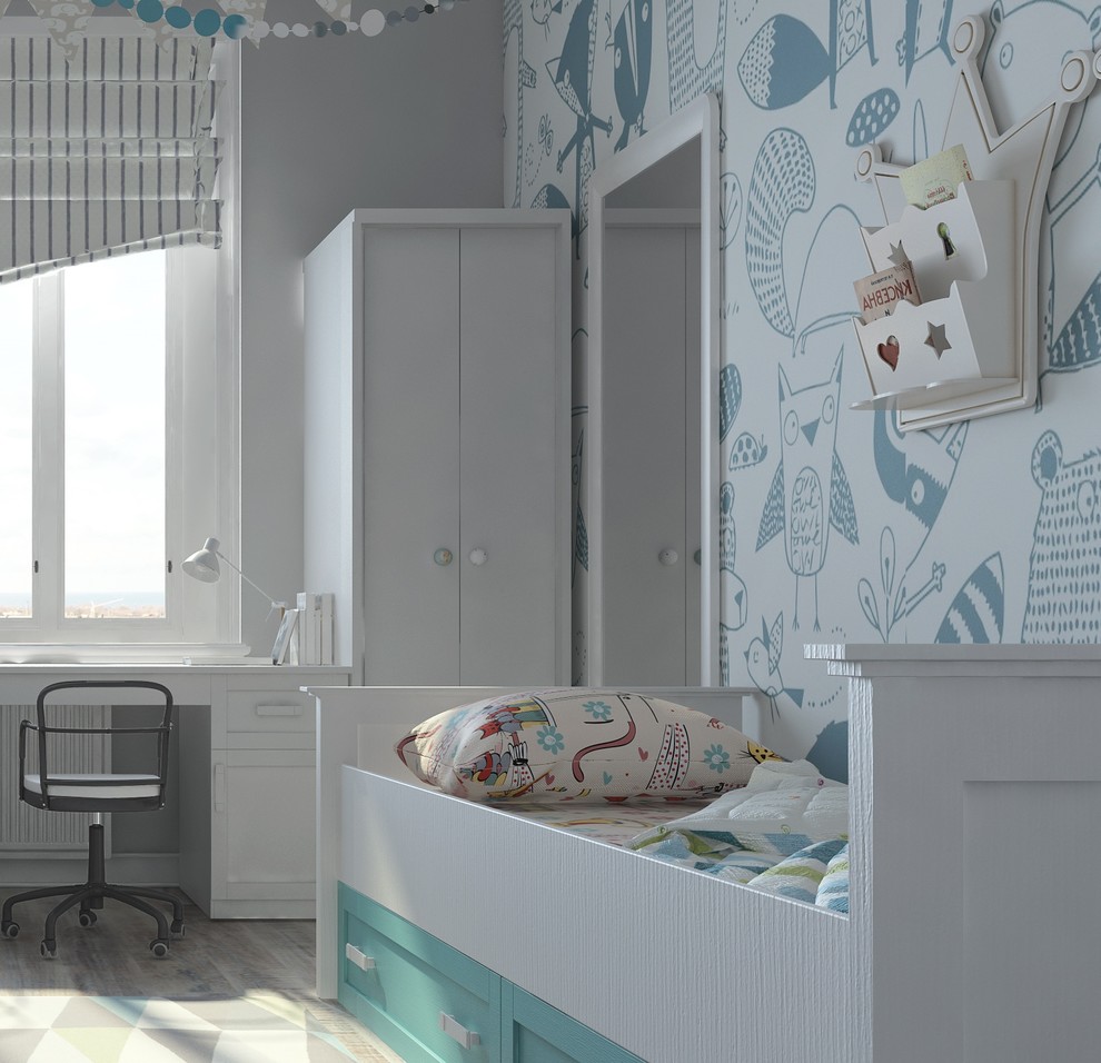 Mid-sized contemporary kids' study room in Saint Petersburg with white walls, light hardwood floors and grey floor for kids 4-10 years old and boys.