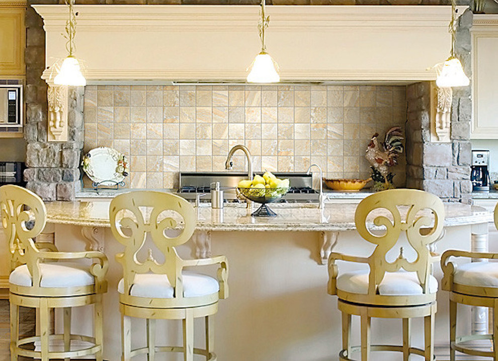 Mid-sized transitional galley eat-in kitchen photo in Providence with an island, an undermount sink, granite countertops, beige backsplash, ceramic backsplash, stainless steel appliances and beige countertops