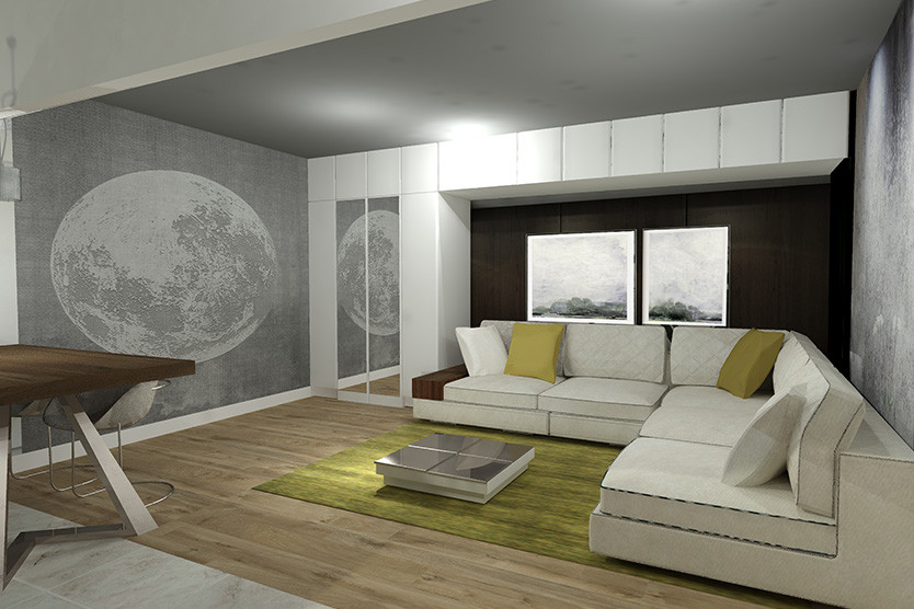 Aménagement d'un salon contemporain avec un mur blanc, un sol en bois brun, un téléviseur encastré et un sol beige.