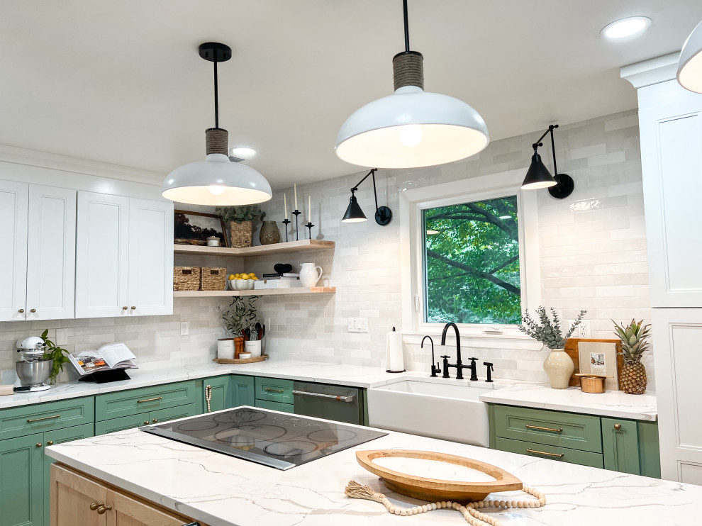 This is an example of a large u-shaped eat-in kitchen in DC Metro with a farmhouse sink, shaker cabinets, green cabinets, quartzite benchtops, white splashback, porcelain splashback, stainless steel appliances, vinyl floors, with island, beige floor, white benchtop and coffered.
