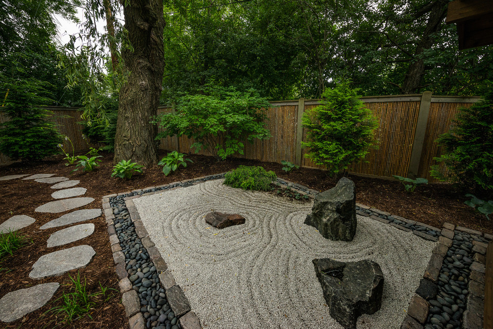 Photo of a large asian backyard shaded garden in Milwaukee with a garden path and gravel.