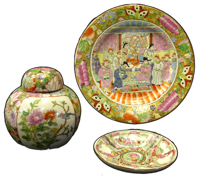 Chinese 3pcs Canton Color Porcelain Decor Plate Jar