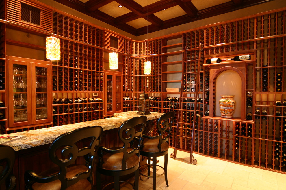This is an example of an expansive traditional wine cellar in Sacramento with ceramic floors, storage racks and beige floor.