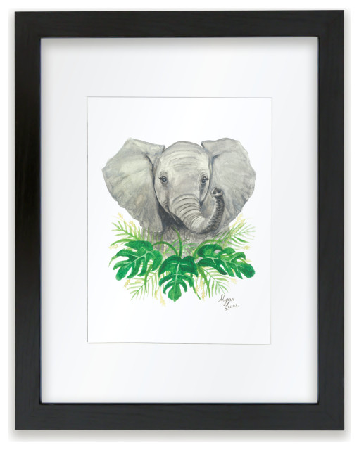 "Safari Littles" Elephant Individual Framed Print, With Mat, Black, 18"x24"