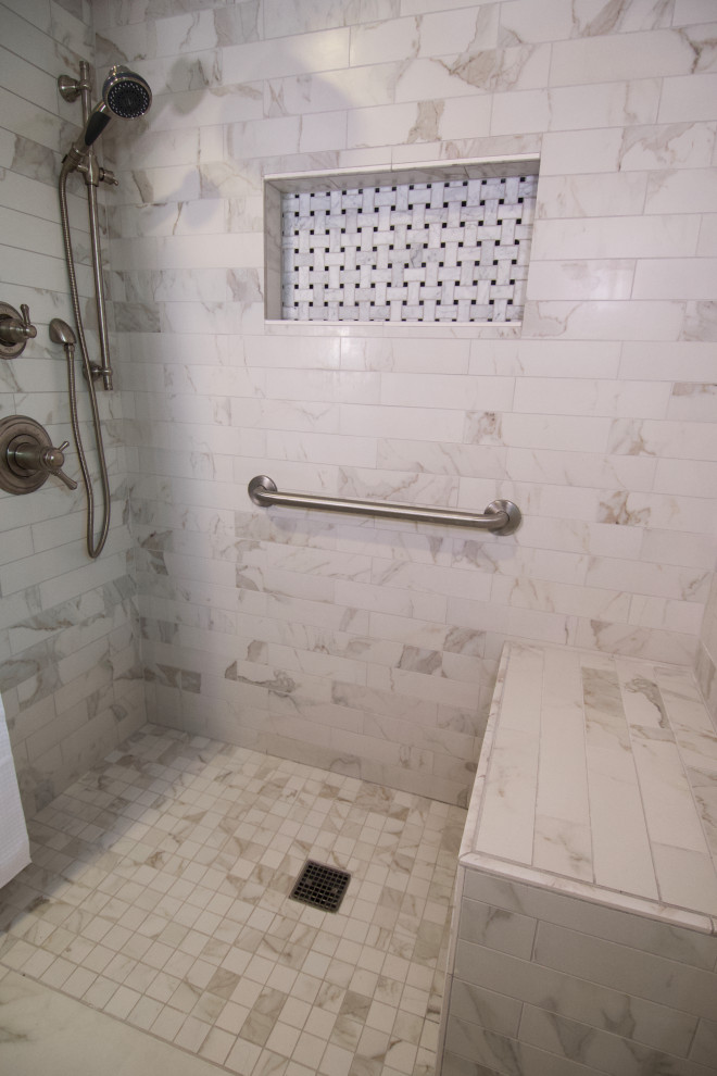 This is an example of a mid-sized traditional master bathroom in Grand Rapids with furniture-like cabinets, dark wood cabinets, a curbless shower, beige tile, ceramic tile, orange walls, ceramic floors, an undermount sink, granite benchtops, beige floor, a shower curtain, white benchtops, a shower seat, a single vanity and a freestanding vanity.
