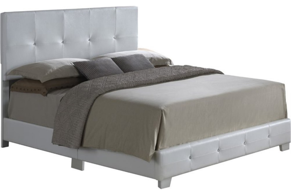 Maklaine Modern Faux Leather Upholstered Queen Bed in White Finish Transitional Platform