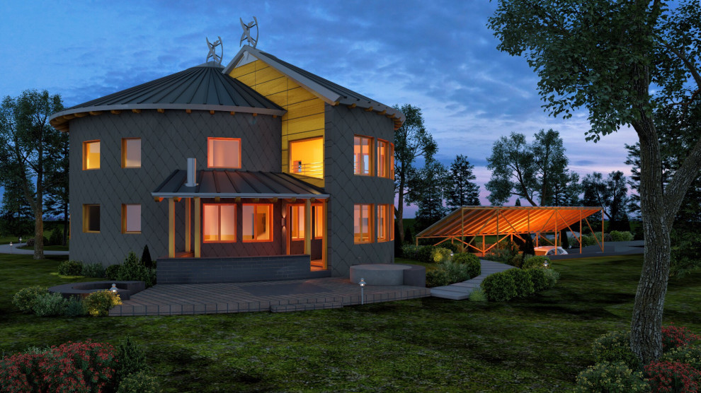 Idee per la villa piccola contemporanea a due piani con rivestimento in metallo e copertura in metallo o lamiera