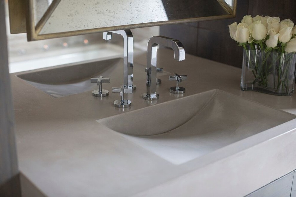 Inspiration for a large transitional master linoleum floor home design remodel in Birmingham with an integrated sink, distressed cabinets, concrete countertops and white walls