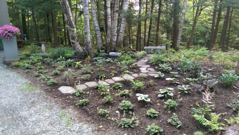 This is an example of a large shaded garden in Burlington with with rock feature.