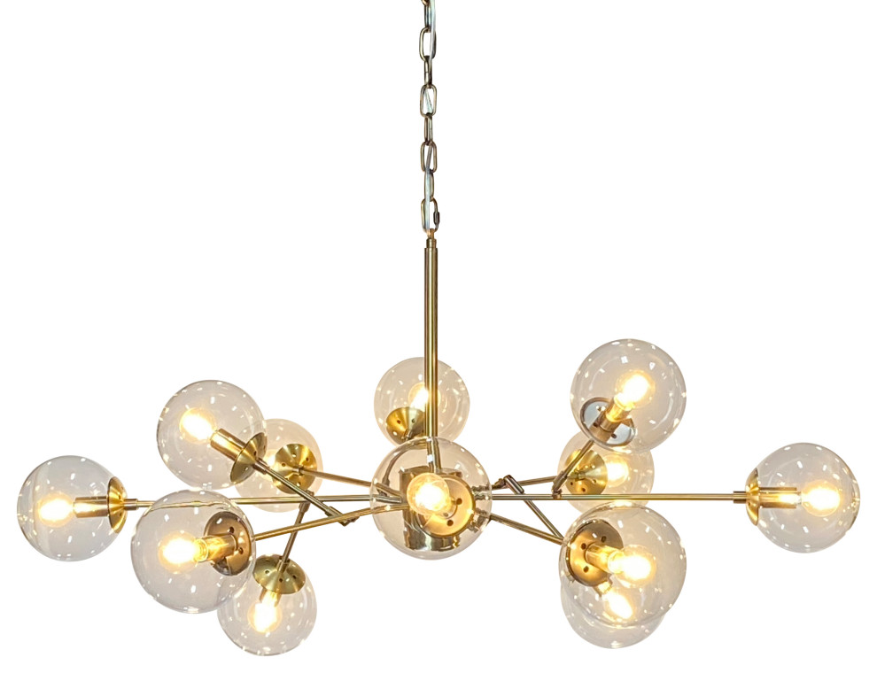 Bistro Clear Glass Globe Chandelier, 12-Light Multiple finishes, Antique Brass