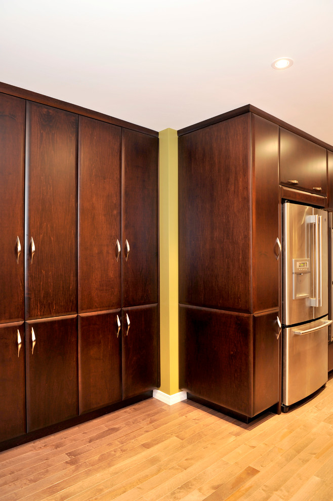 Inspiration for a transitional dark wood floor kitchen remodel in Toronto with a double-bowl sink, flat-panel cabinets, dark wood cabinets, granite countertops, mirror backsplash, stainless steel appliances and an island
