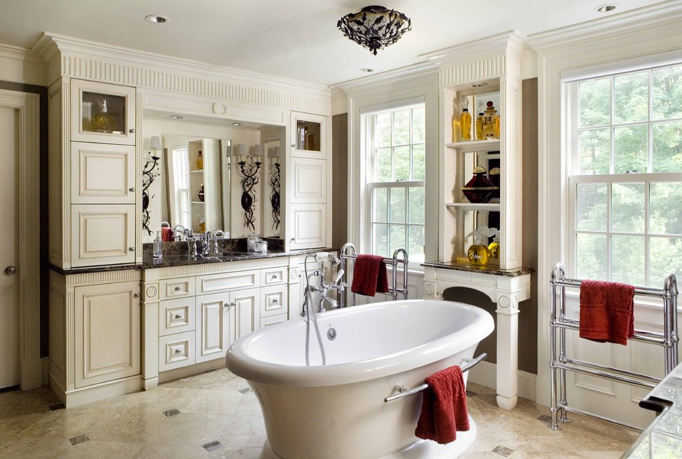 Inspiration for a traditional bathroom in Boston with a freestanding tub.