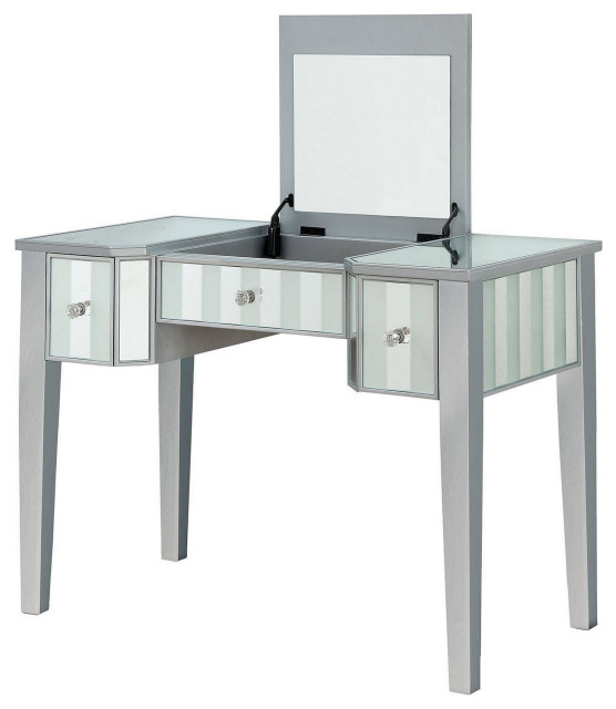 Benzara BM207327 Wooden Vanity Set Stool Mirror Panel Inserts, Gray