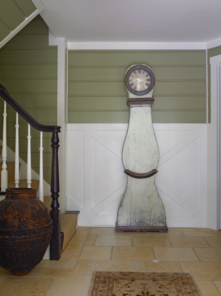 Mid-sized farmhouse limestone floor entryway photo in New York with green walls
