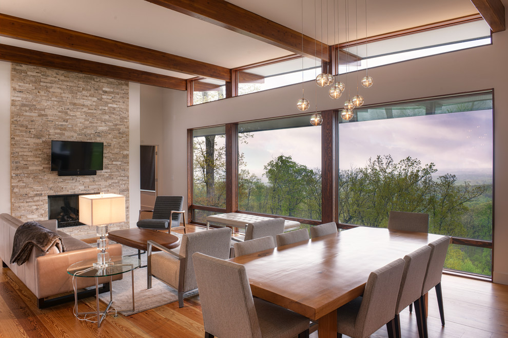 Photo of a mid-sized contemporary dining room in Other with a standard fireplace and a stone fireplace surround.