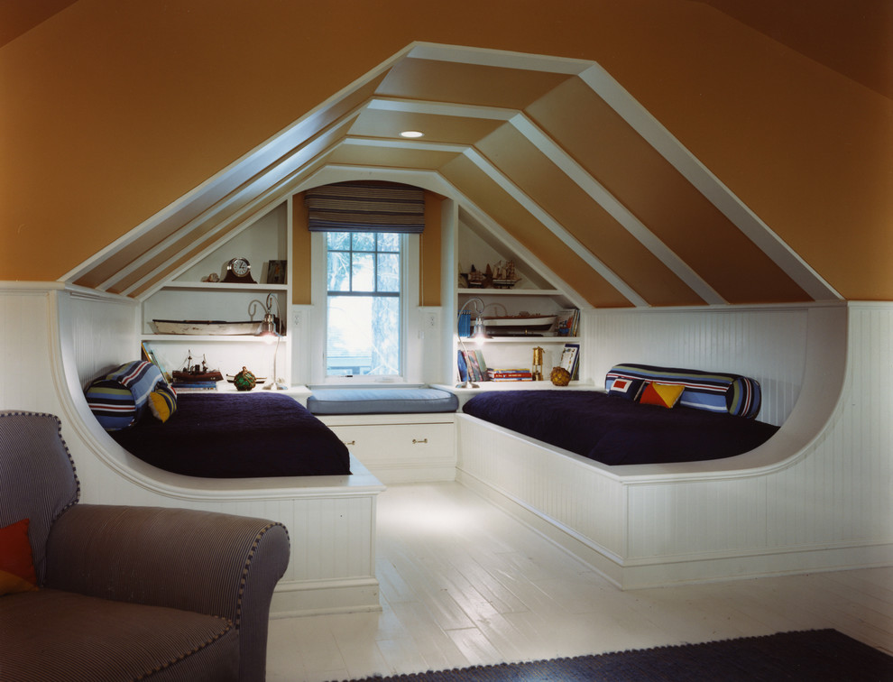 Inspiration for a beach style kids' bedroom for boys in DC Metro with orange walls, painted wood floors and white floor.