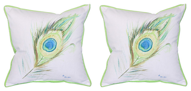 Pair of Betsy Drake Peacock Feather Print Decorative Throw Pillows 18in.