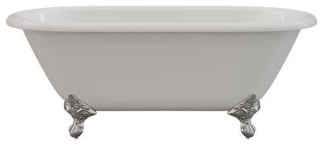 67" Cast Iron Double Ended Tub Without Faucet Holes, Chrome Feet