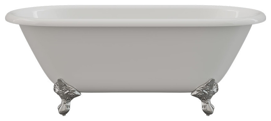 67" Cast Iron Double Ended Tub Without Faucet Holes, Chrome Feet