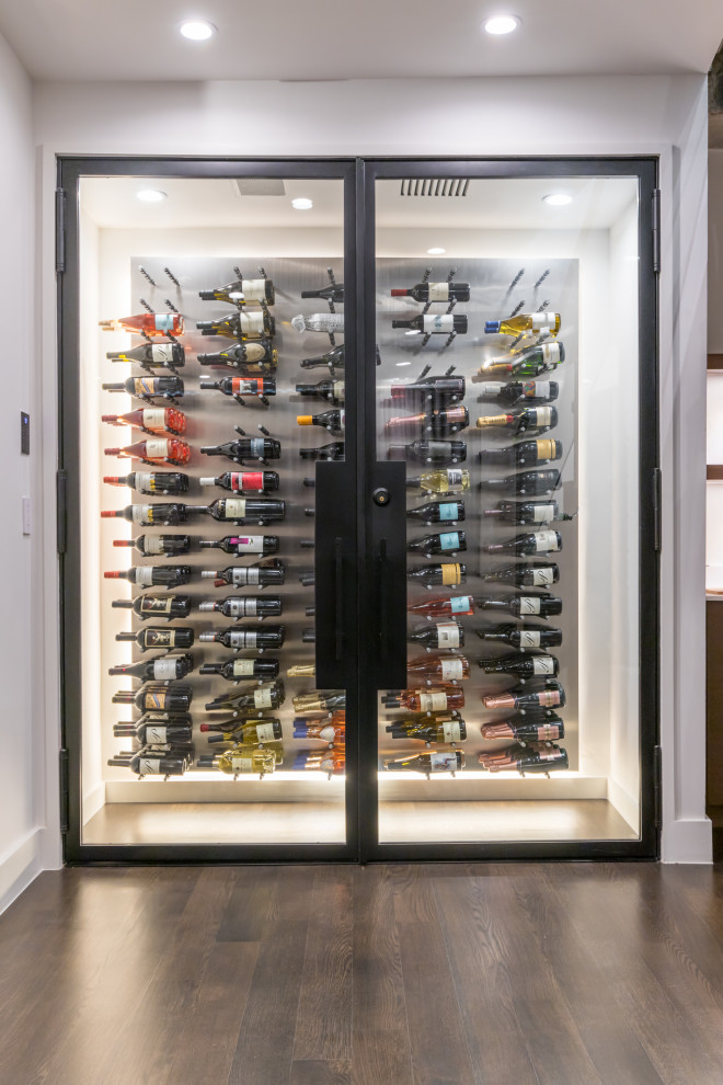Inspiration for a mid-sized modern wine cellar in Dallas with dark hardwood floors, display racks and brown floor.
