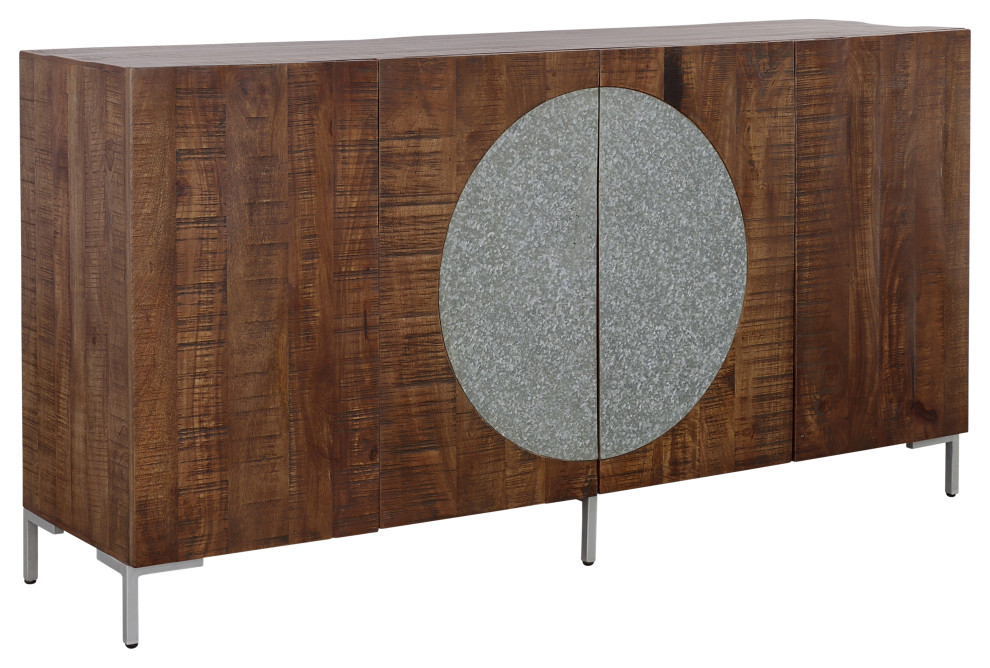 Industrial Style Solid Wood Four Door Credenza With Metal Details