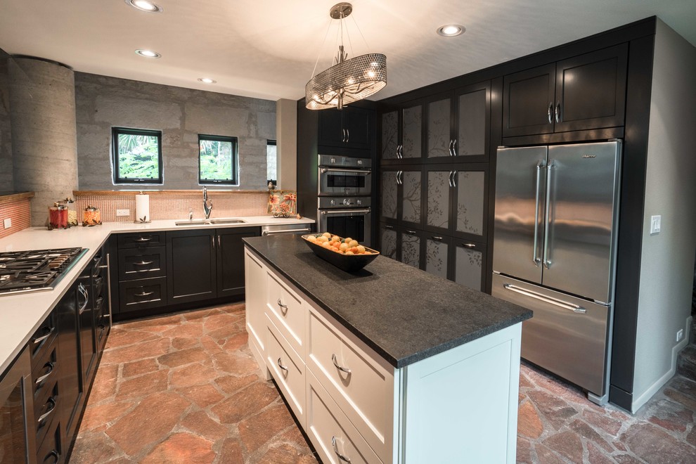 Inspiration for a mid-sized transitional 3/4 gray tile and ceramic tile kitchen remodel in Austin with flat-panel cabinets