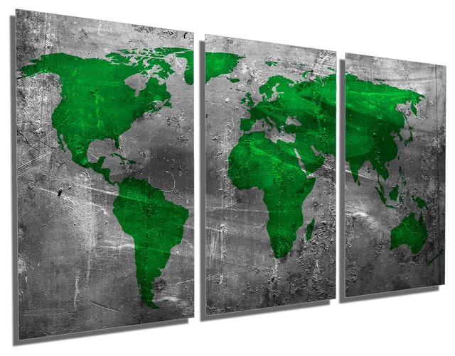 Abstract Green World Map Metal Print Wall Art, 3 Panel Split, Triptych ...