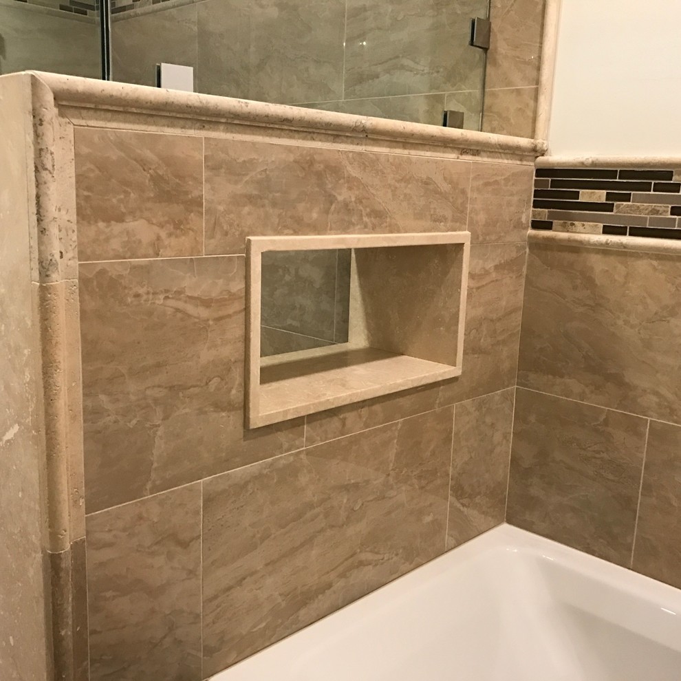 This is an example of a mid-sized contemporary master bathroom in Santa Barbara with shaker cabinets, white cabinets, an alcove tub, an alcove shower, beige tile, ceramic tile, white walls, dark hardwood floors and a pedestal sink.