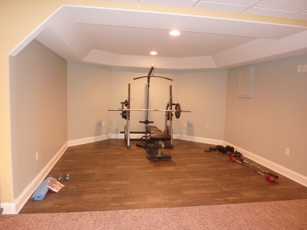 Home design - large transitional look-out carpeted home design idea with yellow walls